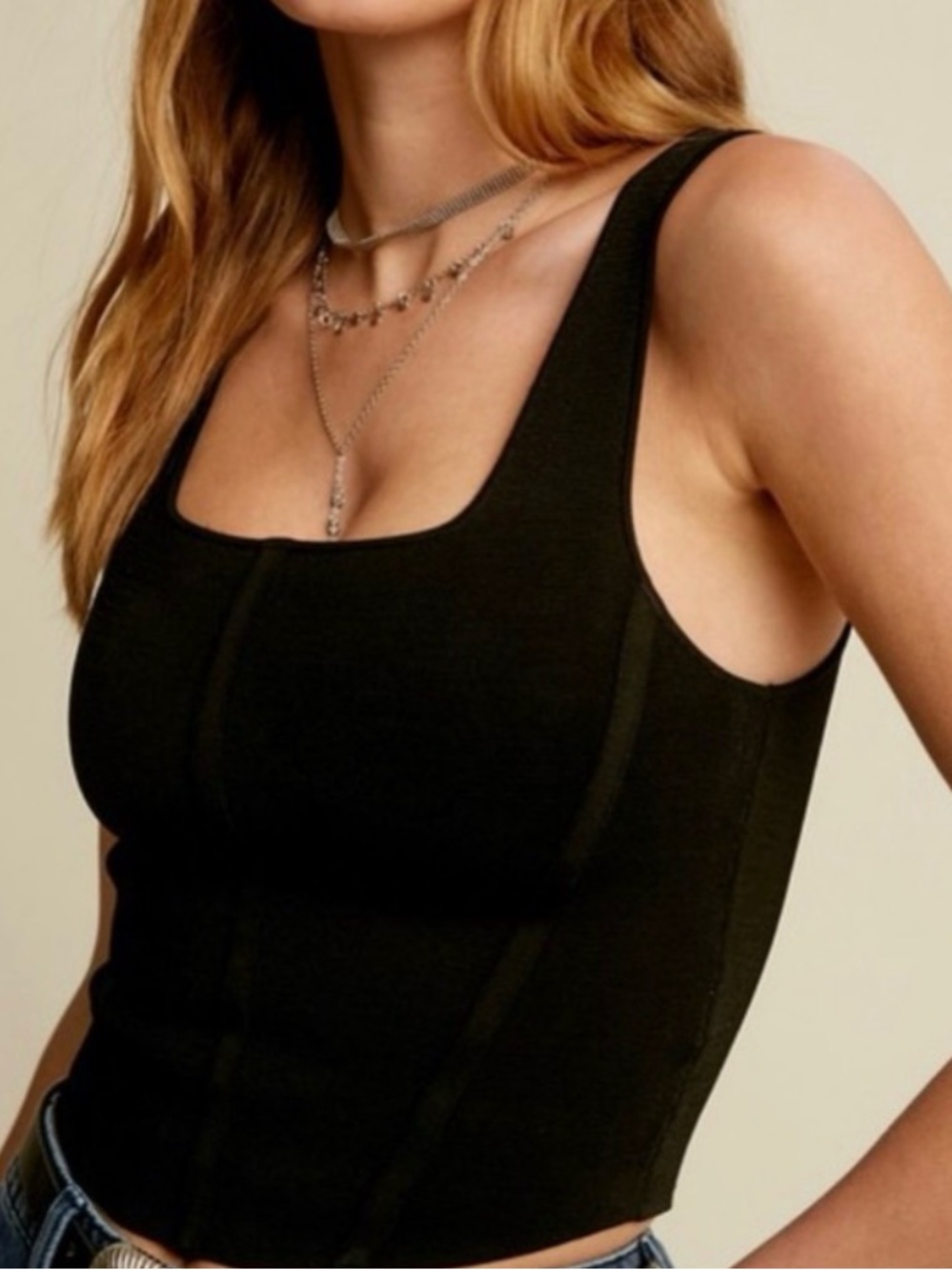 Listicle Black Square Neck Ribbed Tank